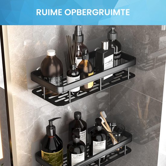 YONO Doucherek Wand - Hangend zonder Boren - Zelfklevend Badkamer Rekje - 2 Laags - Zwart