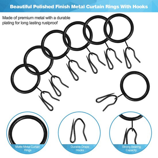 YONO Gordijnringen met Haken - 40 Stuks - Metaal - 30mm - Gordijnhaken voor Gordijnroede - Zwart