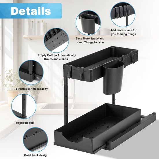 YONO Gootsteenkast Organizer Uitschuifbaar - Hoogte Verstelbaar - Keukenkast Rek - Gootsteenrek - Zwart