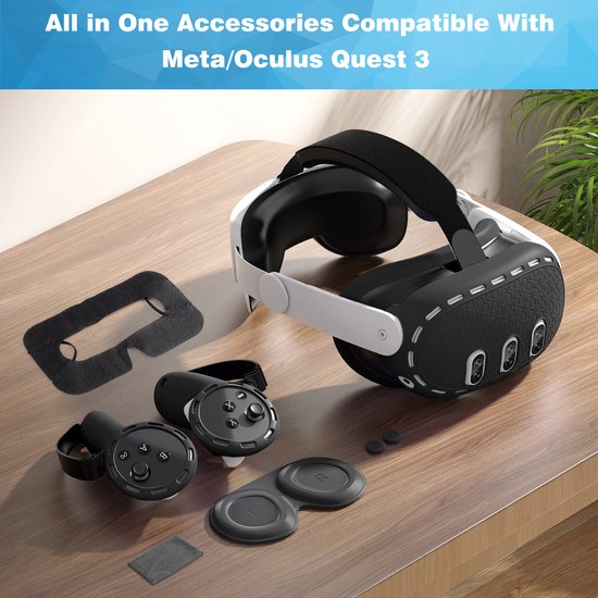 YONO Accessoires Set geschikt voor Meta Quest 3 - Grip Case Controller - Siliconen Cover Face en VR Bril - Oculus - 9in1 - Zwart