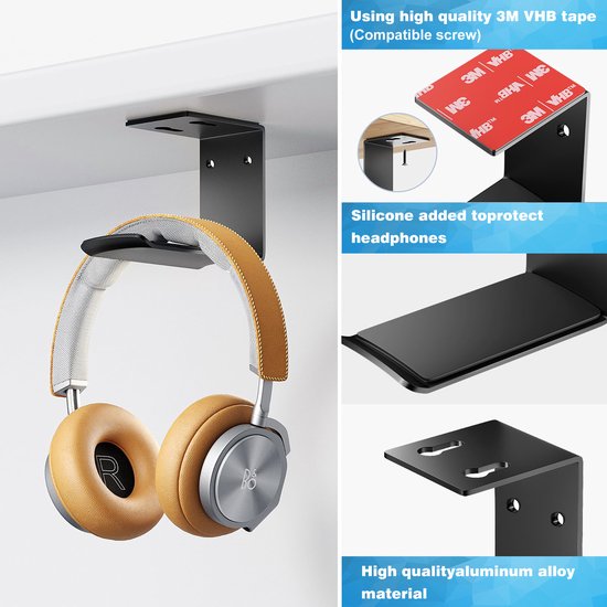 YONO Koptelefoon Houder Zelfklevend - Headset Haak - Hoofdtelefoon Hanger - Bureau - Metaal - Zwart