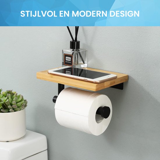 YONO Toiletrolhouder met Plankje - WC Rolhouder Zonder Boren - Toiletpapierhouder - RVS en Hout - Zwart