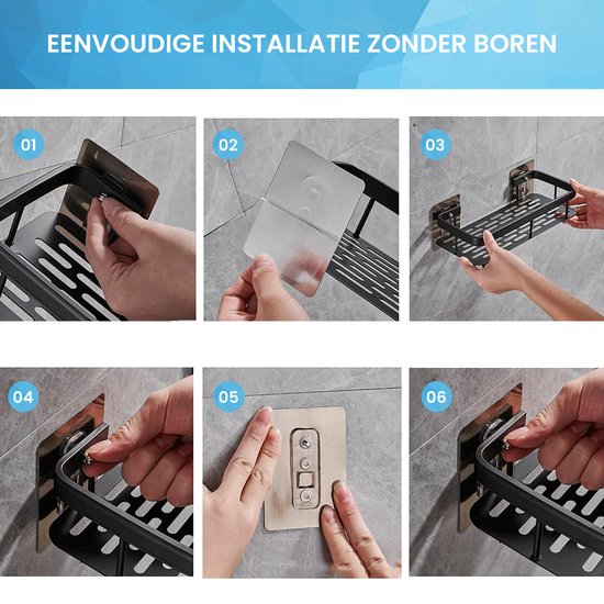 YONO Doucherek Wand - Hangend zonder Boren - Zelfklevend Badkamer Rekje - 2 Laags - Zwart