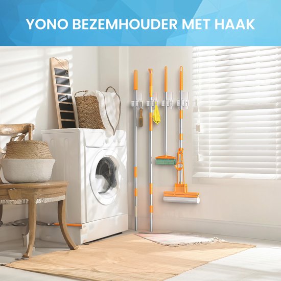 YONO Bezemhouder Ophangsysteem Zelfklevend - Bezem Houder met Haak - Haakjes 4 Stuks - Klem voor Stelen en Borstels - Plakhaakjes - Wandhaakjes - Tuingereedschap - Transparant
