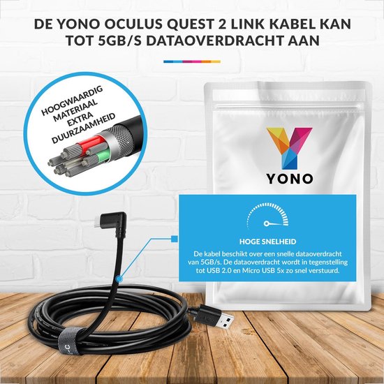 YONO Link Kabel geschikt voor Oculus Quest 2 – Accessoires – 5GBPS USB C Naar USB A 3.0 Meta Quest 2 – 5 Meter