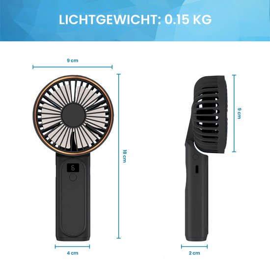 YONO Handventilator - Draagbare Ventilator Oplaadbaar - Tafelventilator Draadloos - Mini Fan - 6 Standen - Zwart