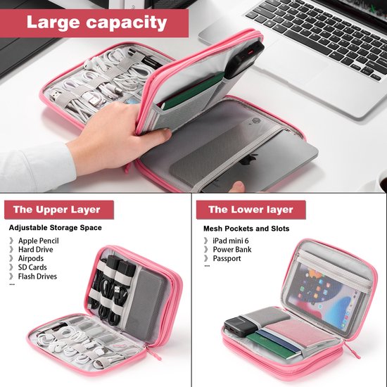 YONO Kabel Organiser Tas - Kabeltas - Organizer Etui - Opbergtas voor Kabels en Accessoires - Roze