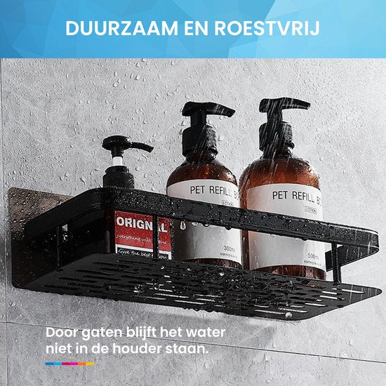 YONO Doucherek Wand - Hangend zonder Boren - Zelfklevend Badkamer Rekje - 2 Laags - Zwart