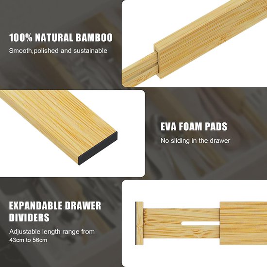 YONO Ladeverdeler Verstelbaar - Lade Organizer Verdeler Uitschuifbaar - 4 stuks - Keuken - Badkamer - Bamboe - 32.5cm