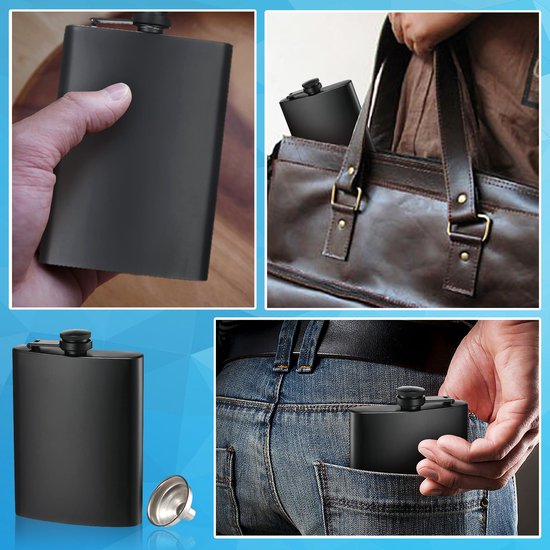 YONO Heupfles Set - 220ml en 330ml Flacon - Veldfles - Platvink met Trechter - Zakflacon - RVS Zwart - 2 Stuks