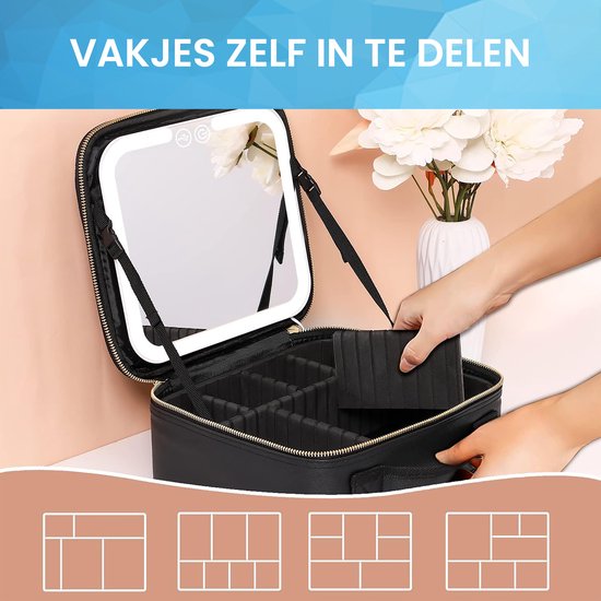 YONO Make Up Tas met Spiegel en Led - Organizer - Beautycase - Koffer - Dames - Meisje - Zwart