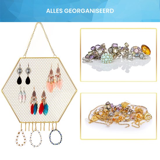 YONO Sieradenrekje Hexagoon - Hangend Rekje voor Opbergen Oorbellen / Ketting / Armband - Houder Display Rekje - Goud