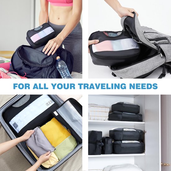 YONO Packing Cubes Set - Toilettas met Haak - Backpack Organizer - Koffer Organizers voor Kleding en Toiletspullen - Gymtas - 8-Delig - Zwart