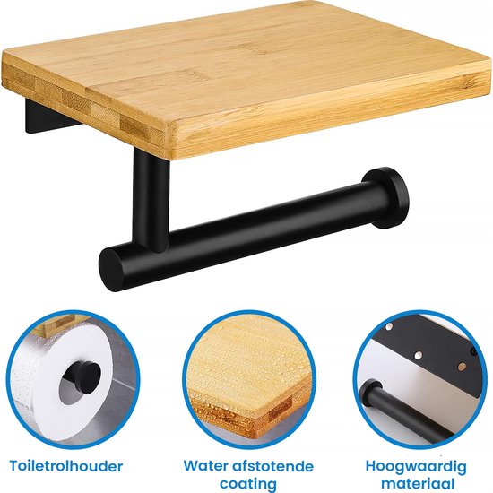 YONO Toiletrolhouder met Plankje - WC Rolhouder Zonder Boren - Toiletpapierhouder - RVS en Hout - Zwart