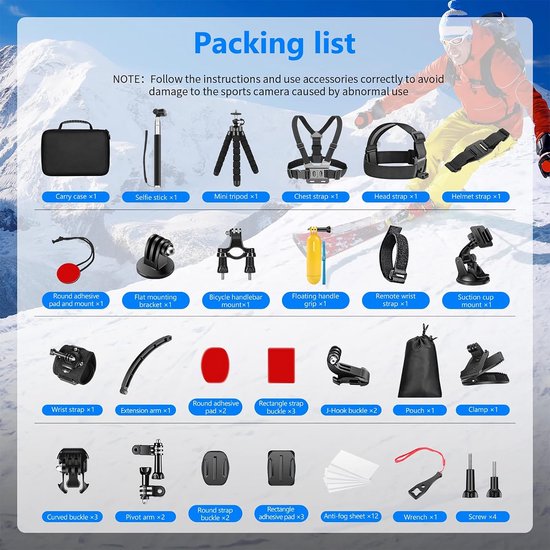 YONO Accessoires Set 50in1 geschikt voor GoPro Hero 13 12 11 10 - DJI Osmo - Insta360 - Chest Mount - Stick - Tas - Hoofdband