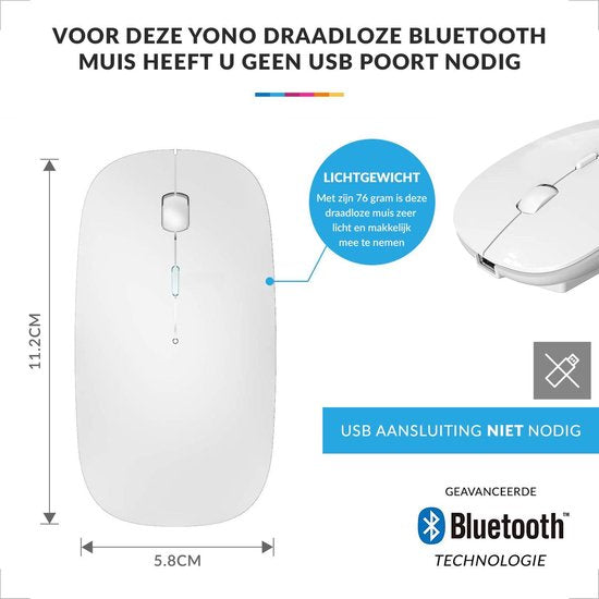 YONO Draadloze Muis met Bluetooth - Oplaadbaar - Geschikt voor Laptop, PC en Mac - Wit