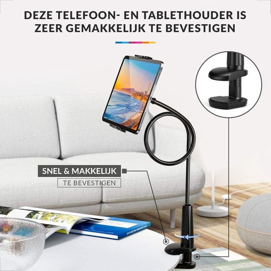 YONO Tablet Houder Flexibel - Smartphone Standaard Universeel - Statief geschikt voor Bureau Tafel en Bed - iPad - Telefoon - GSM - Zwart