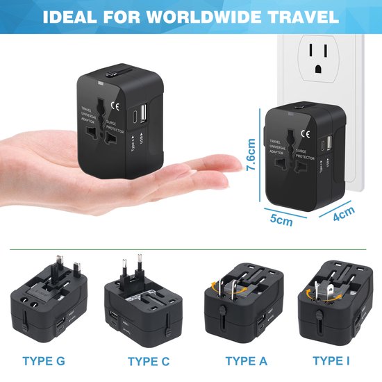 YONO Reisstekker - Wereldstekker Universeel - USB-C en USB-A Reis Adapter - 150+ Landen - Amerika USA - Zuid Amerika - Engeland UK - Azië - Europa - Afrika - Thailand - Type G A - Zwart