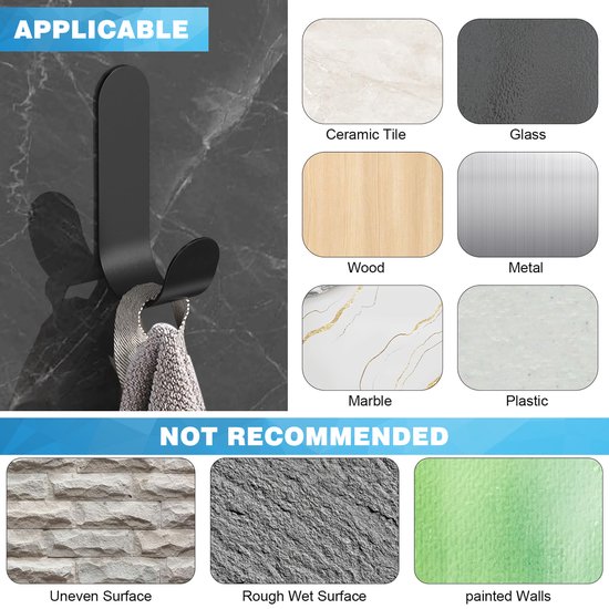 YONO Ophanghaken Zelfklevend Pro - Plakhaakjes - Ophanghaakjes - Haak voor Wand - Muur - Deur - 5 Stuks - Zwart