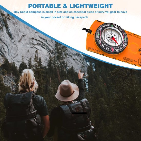 YONO Plaatkompas - Kaartkompas - Kompas met Liniaal en Vergrootglas - Waterdicht - Oranje