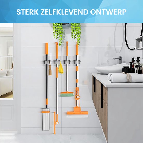 YONO Bezemhouder Ophangsysteem Zelfklevend - Bezem Houder met Haak - Haakjes 4 Stuks - Klem voor Stelen en Borstels - Plakhaakjes - Wandhaakjes - Tuingereedschap - Transparant