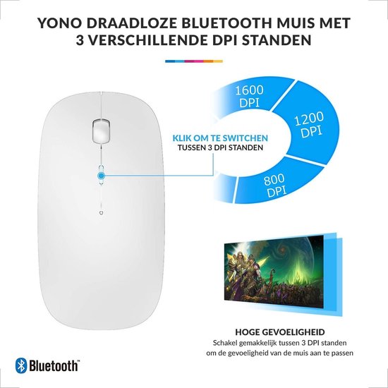 YONO Draadloze Muis met Bluetooth - Oplaadbaar - Geschikt voor Laptop, PC en Mac - Wit