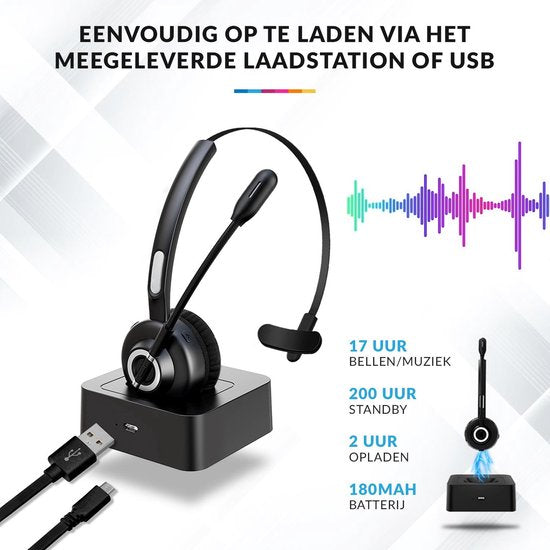 YONO Professionele Headset met Microfoon – Bluetooth Office Koptelefoon Draadloos met Laadstation - voor Laptop / Telefoon / PC – Zwart