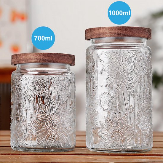 YONO Voorraadpotten Glas met Houten Deksel - Set van 2 - 700ml - 1000ml - Glazen Pot - Voorraadbussen