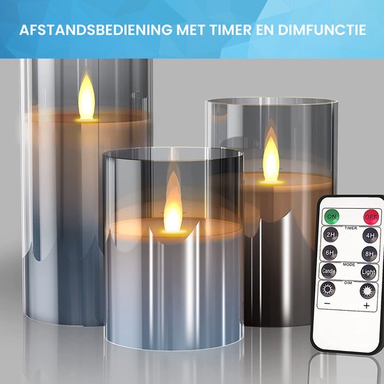 YONO Led Kaarsen met Bewegende Vlam - 3 Stuks - Afstandsbediening - Timer - Dimfunctie - Dinerkaarsen - Flikkerende Kaars op Batterijen - Rookglas