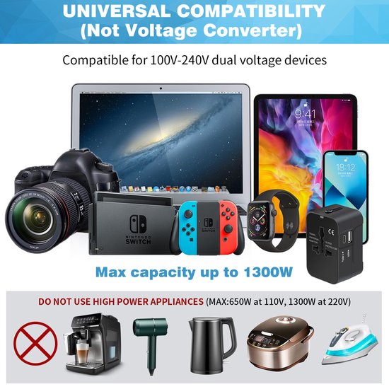 YONO Reisstekker - Wereldstekker Universeel - USB-C en USB-A Reis Adapter - 150+ Landen - Amerika USA - Zuid Amerika - Engeland UK - Azië - Europa - Afrika - Thailand - Type G A - Zwart