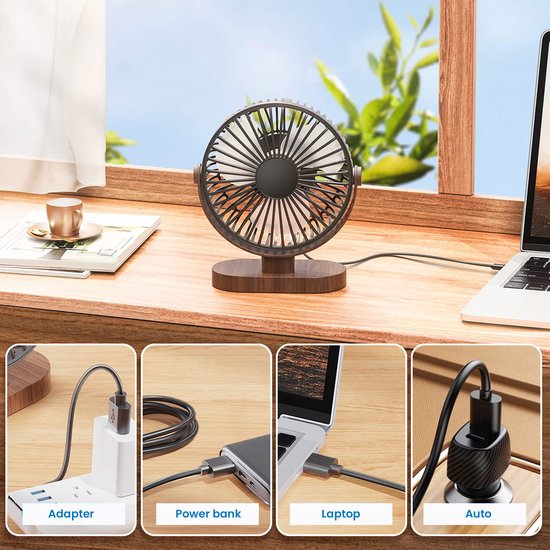 YONO Tafelventilator - USB Ventilator voor Tafel of Bureau - Kantelbaar - 3 Snelheden - Houtlook