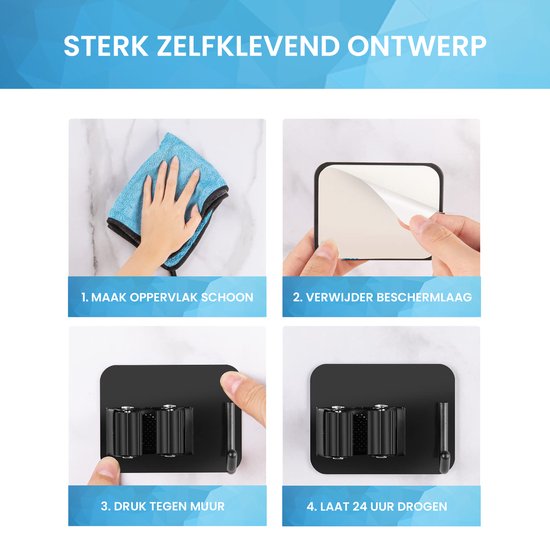 YONO Bezemhouder Ophangsysteem Zelfklevend - Bezem Houder met Haak - Haakjes 4 Stuks - Klem voor Stelen en Borstels - Plakhaakjes - Wandhaakjes - Tuingereedschap - Zwart