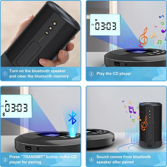 YONO Discman Bluetooth - Draagbare CD Speler - Portable met Oortjes - MP3 - Zwart