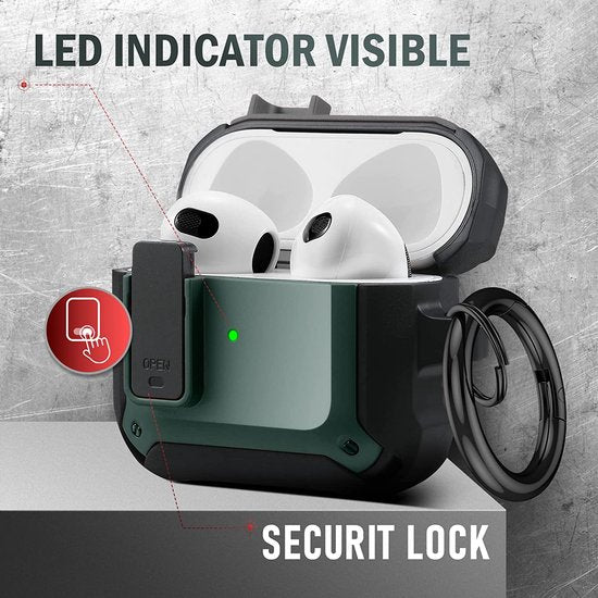 YONO Armor Hoesje geschikt voor Apple Airpods 3 (3e Generatie) - Hard Case met Lock en Clip - Donkergroen