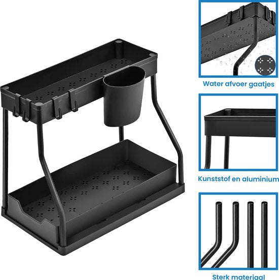 YONO Gootsteenkast Organizer Uitschuifbaar - Keukenkast Rek - Gootsteenrek - Zwart