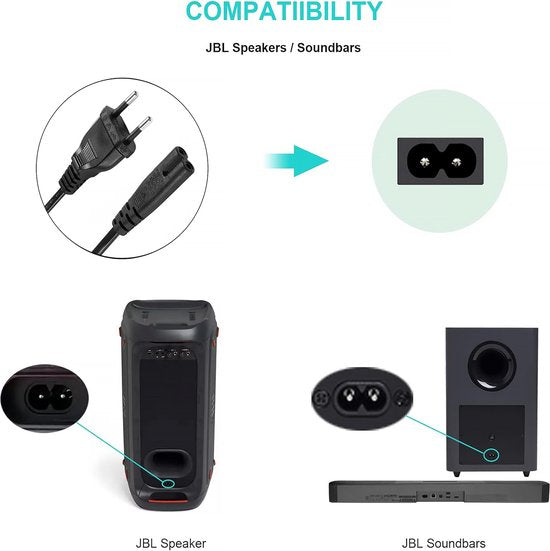YONO Voedingskabel geschikt voor JBL Partybox 100/110/200/300/310/710/1000 - Netsnoer 1.80 M - Zwart