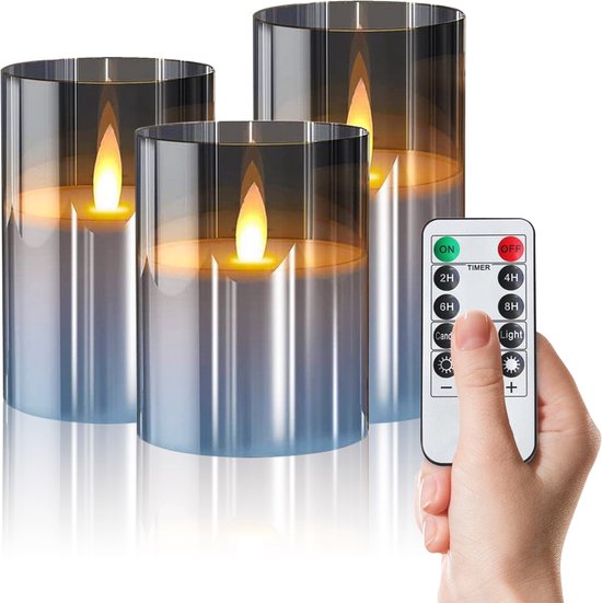 YONO Led Kaarsen met Bewegende Vlam - 3 Stuks - Afstandsbediening - Timer - Dimfunctie - Dinerkaarsen - Flikkerende Kaars op Batterijen - Rookglas