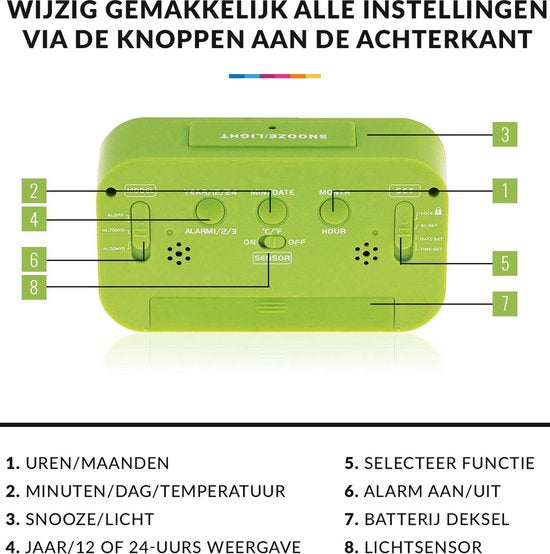YONO Alarmklok - Digitale Wekker - Klok Slaapkamer - Kinderen en Volwassenen - Snooze Functie - Groen