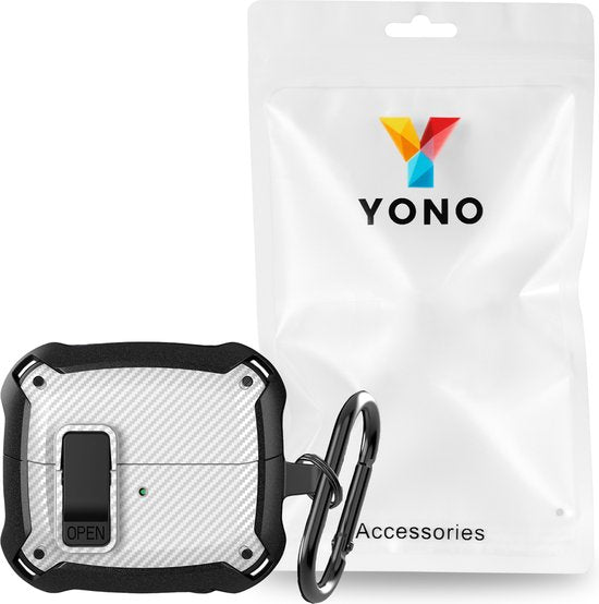YONO Armor Hard Case geschikt voor Samsung Galaxy Buds 3 - 3 Pro - Hoesje met Lock - Carbon Design - Wit
