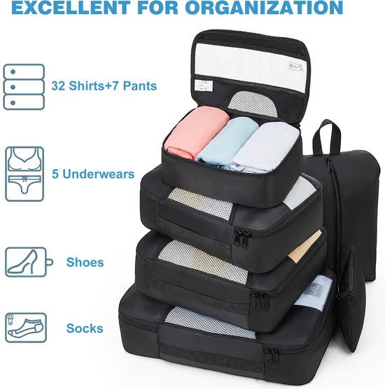 YONO Packing Cubes Set - Toilettas met Haak - Backpack Organizer - Koffer Organizers voor Kleding en Toiletspullen - Gymtas - 8-Delig - Zwart