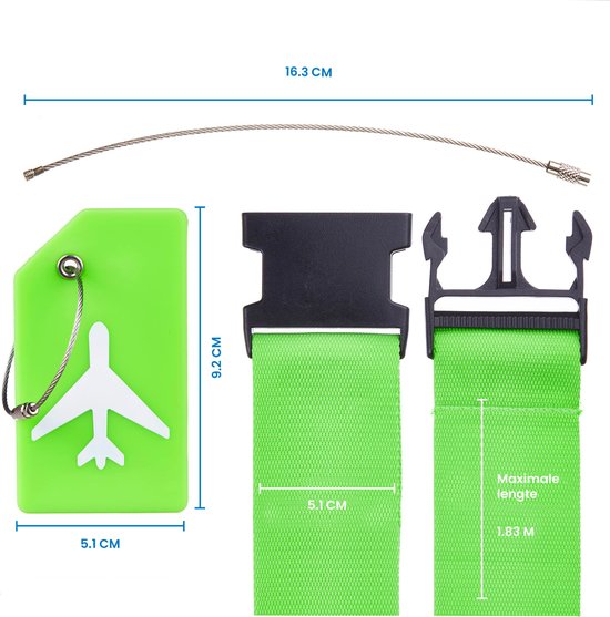 YONO Kofferriem met Kofferlabel - 2 Kofferband en 2 Bagagelabel - Dubbele Bagage Riem Verstelbaar - 4 Pack - Groen