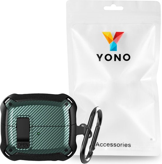 YONO Armor Hard Case geschikt voor Samsung Galaxy Buds 3 - 3 Pro - Hoesje met Lock - Carbon Design - Donkergroen