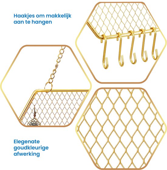 YONO Sieradenrekje Hexagoon - Hangend Rekje voor Opbergen Oorbellen / Ketting / Armband - Houder Display Rekje - Goud