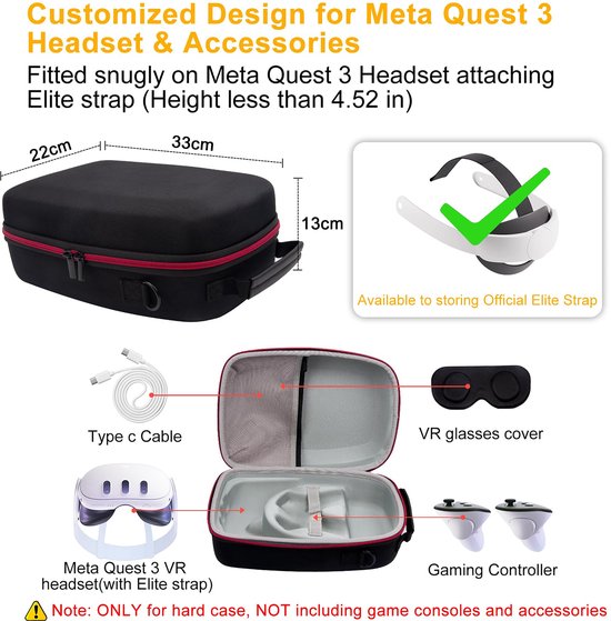 YONO Case geschikt voor Meta Quest 3 – Opberghoes Koffer voor VR Bril en Accessoires - Hard Cover – Zwart