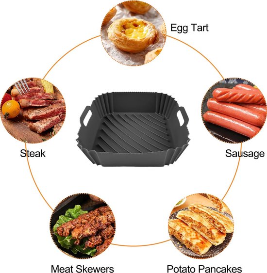 YONO Airfryer Bakjes - Vierkant Siliconen Mandje 20cm - Rechthoekig Bakpapier Accessoires - Zwart - 2 Stuks