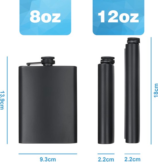 YONO Heupfles Set - 220ml en 330ml Flacon - Veldfles - Platvink met Trechter - Zakflacon - RVS Zwart - 2 Stuks