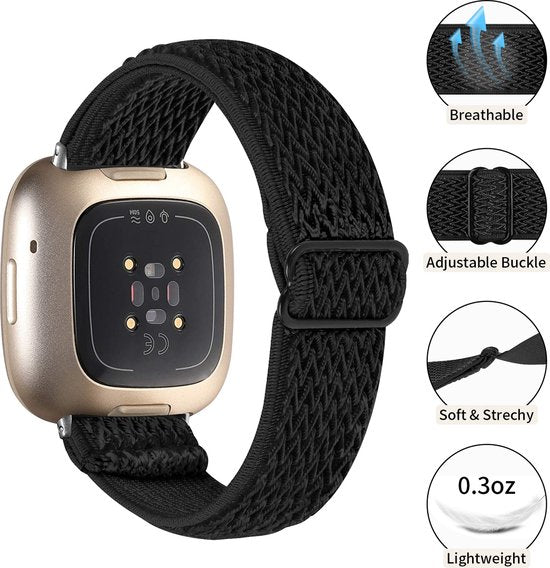 YONO Nylon Stretch Bandje geschikt voor Fitbit Versa 3 / Sense - Zwart