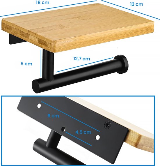 YONO Toiletrolhouder met Plankje - WC Rolhouder Zonder Boren - Toiletpapierhouder - RVS en Hout - Zwart
