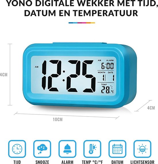 YONO Digitale Wekker - Alarm Klok met Temperatuur, Kalender en LED Verlichting - Blauw