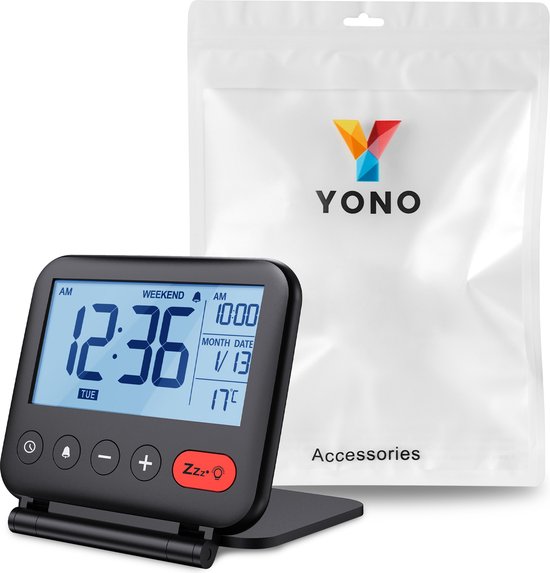 YONO Reiswekker Digitaal met Alarm - Klok met Temperatuur en Datum - Compact en Opvouwbaar voor Reizen - Zwart